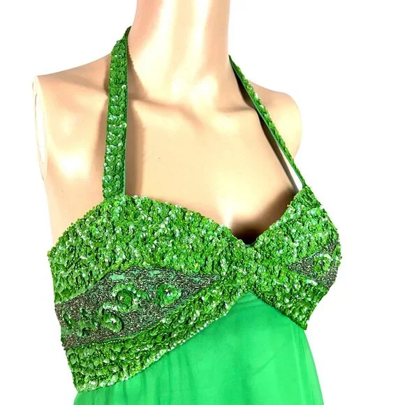 Vintage 1970's Mike Benet Formals Green Halter Beaded Evening Gown Size 7 - Picture 4 of 12